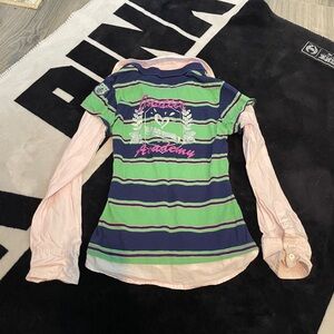 Y2K Justice Green and Navy Striped Button Down Shirt with Pink Accents